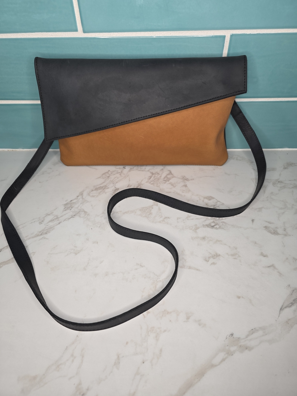 Purse & Clutch Two-Tone Black and Tan Asymmetrical Crossbody Bag